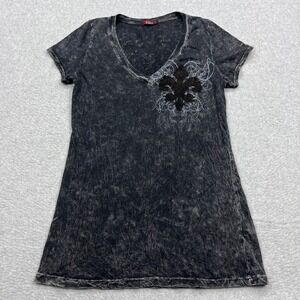 T-Party Shirt Womens Large Black Acid Wash Fleur De Lis Sequin V-Neck Y2K Tee‎